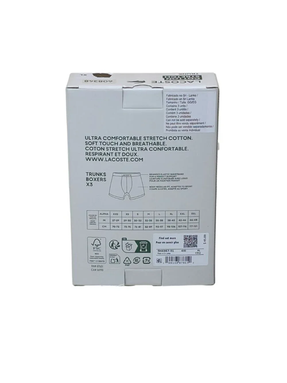 Lacoste Mens Cotton Stretch Trunk 3-Pack XL Comfortable Breathable Boxer Briefs